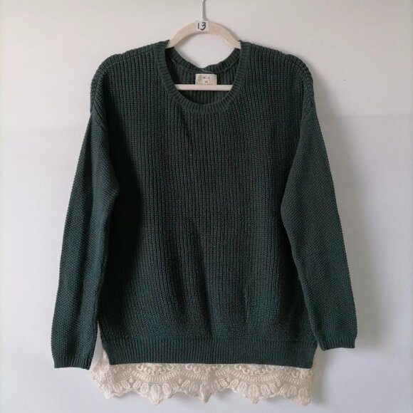 Bundle 2 Pins And Needles Anthropologie Green Ivory Crew Lace Hem Sweater XS - Picture 1 of 16